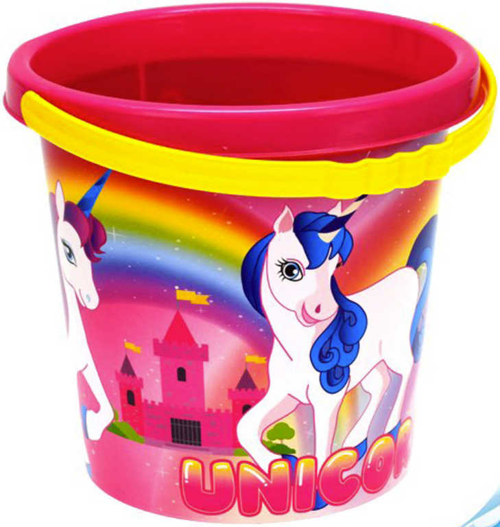 Baby kbelík na písek jednorožec 17cm holčičí růžový s obrázkem Unicorn