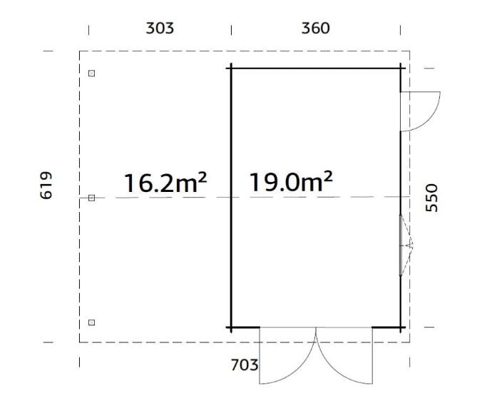 Garáž Roger 19,0 + 16,2  m2 - s křídlovými dveřmi