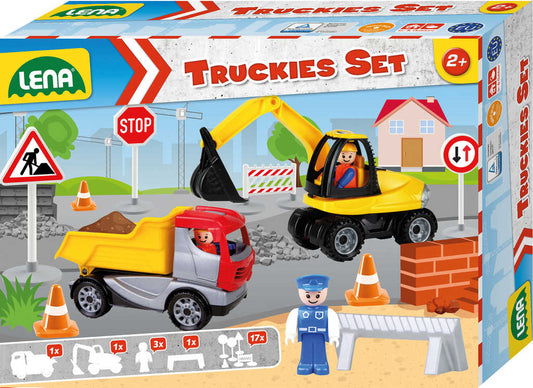 LENA Baby Truckies Stavba set 2 autíčka s figurkami a dopravním značením