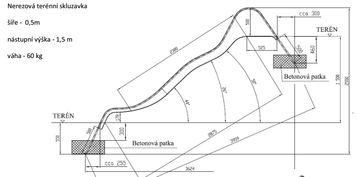 Terénní nerezová skluzavka šíře 50 cm - s nástupní výškou 1,5m