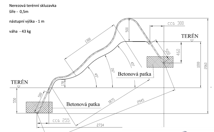 Terénní nerezová skluzavka šíře 50 cm - s nástupní výškou 1m