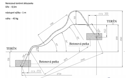 Terénní nerezová skluzavka šíře 50 cm - s nástupní výškou 1m