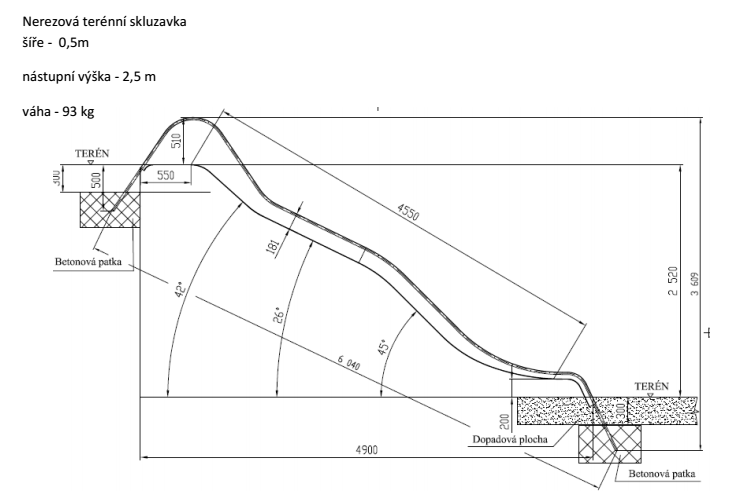 Terénní nerezová skluzavka šíře 50 cm - s nástupní výškou 2,5m
