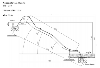 Terénní nerezová skluzavka šíře 50 cm - s nástupní výškou 2,5m