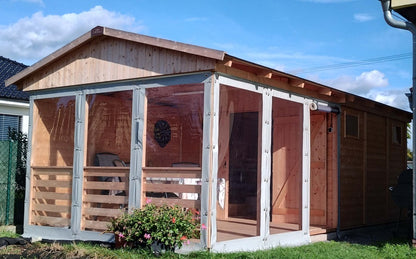 Zahradní altán Herold A3366 C Plus s boční stěnou a terasovou podlahou (9,6 + 9,6 m2)